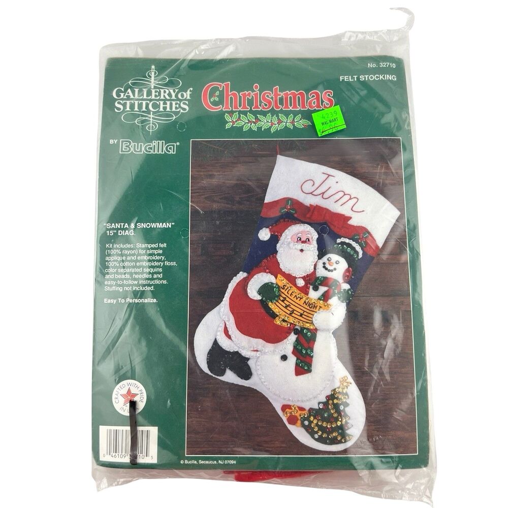 Bucilla Felt Stocking Kit #32710 Santa Snowman USA 18 1970s Christmas NOS